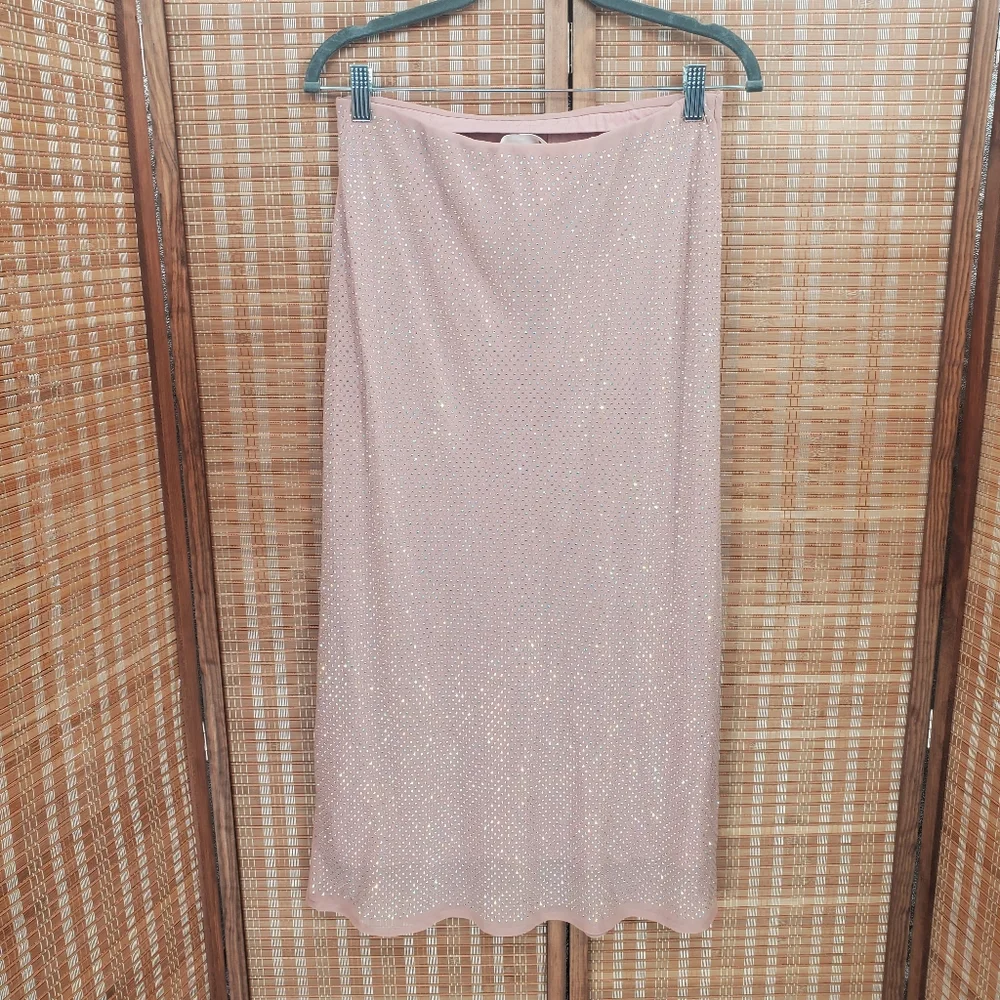 ♧ Antropologie Iridescent Pink Rhinestone Midi Skirt Size Medium